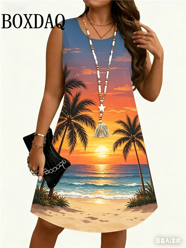 Sea Shells Dress Women Fashion Bohemia Sleeveless Dresses Party Summer Beach Holidays Dress Midi Casual Sundress Loose Plus Size