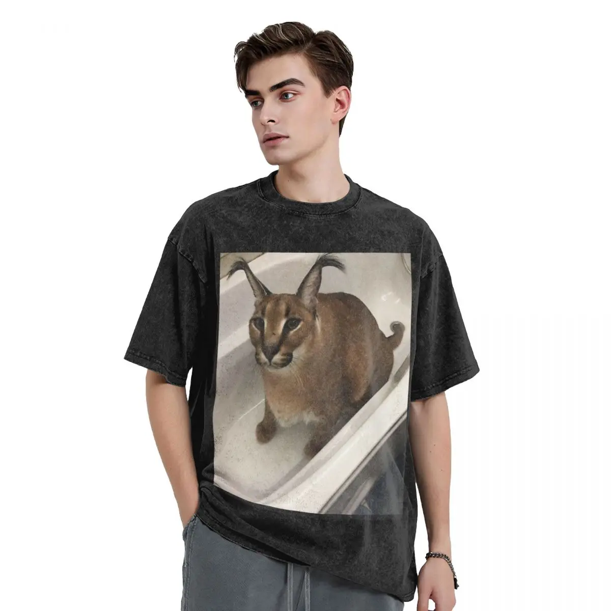 Big Floppa Animal Cat Washed T Shirts Harajuku Short Sleeve Hip Hop T-Shirt Streetwear Tops Tees for Men Women