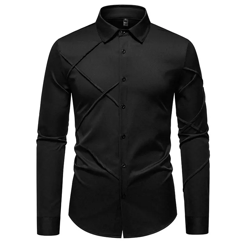 Spring Autumn Casual Shirts Men Long Sleeve Square Collar Vintage Shirt Mens Fashion Casual Slim Fit Solid Color Dress Shirt Man