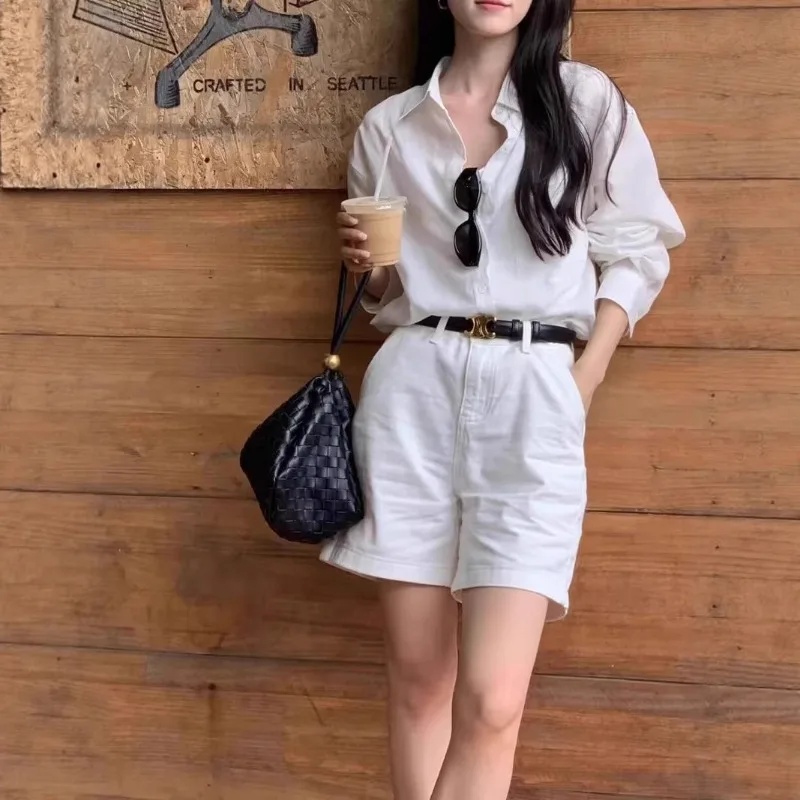 High Waist Fashion Casual Versatile Loose Straight Tube Wide Leg Shorts Solid Cotton Linen Thin Version Women's New Style