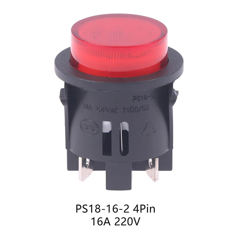 Red Push Button Switch With Light 4 Pins Touch Power Switch 16A 250V Electrical Round Rocker Switch 28*23.2mm PS18-16-2