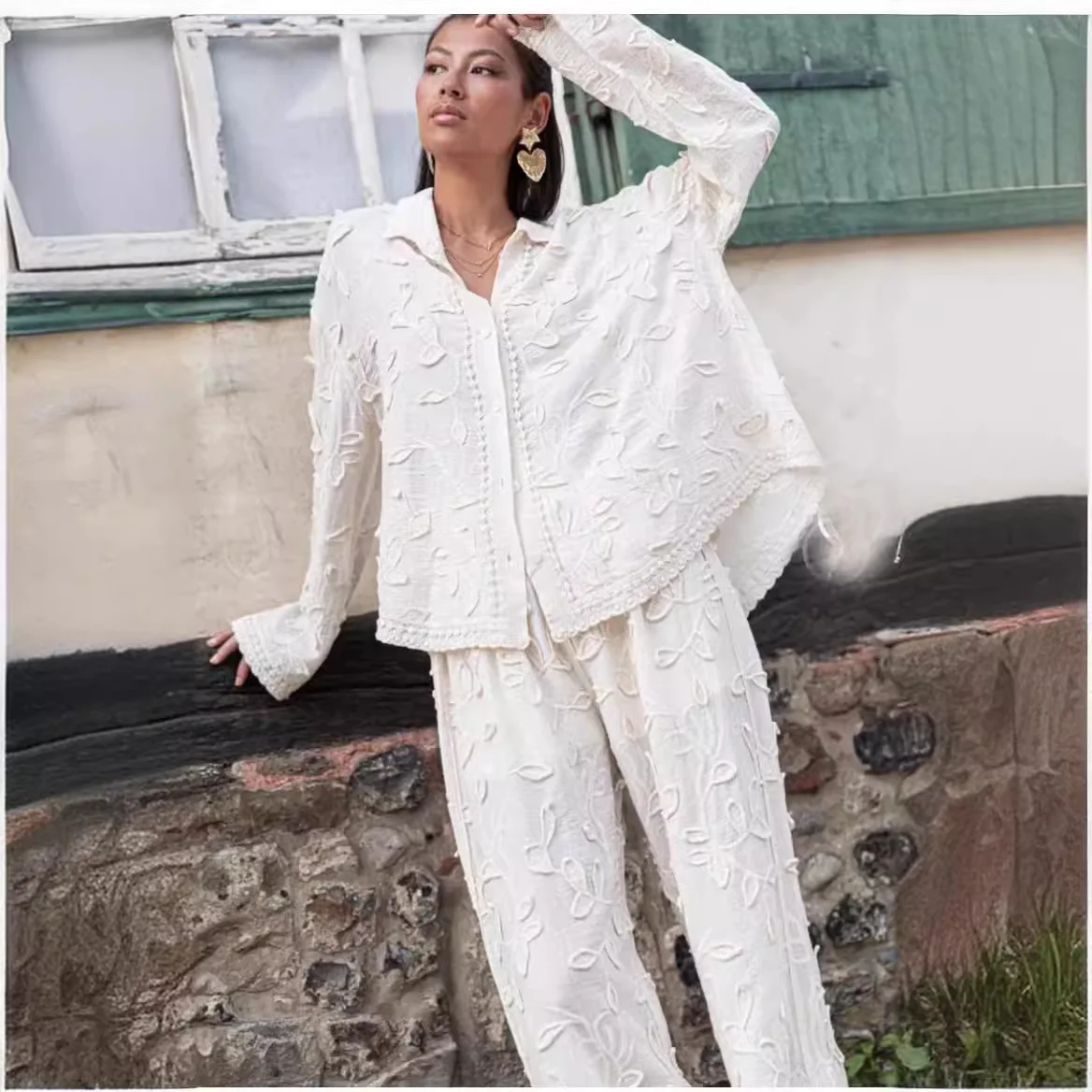 

Элегантный однотонный жаккардовый костюм: женский модный комплект из рубашки с длинным рукавом и брюк для отпуска и повседневной носки