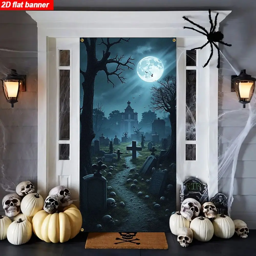 One item, a 2D flat banner, a Halloween cemetery welcome gate banner, with ghost and Halloween atmosphere decoration.zyc