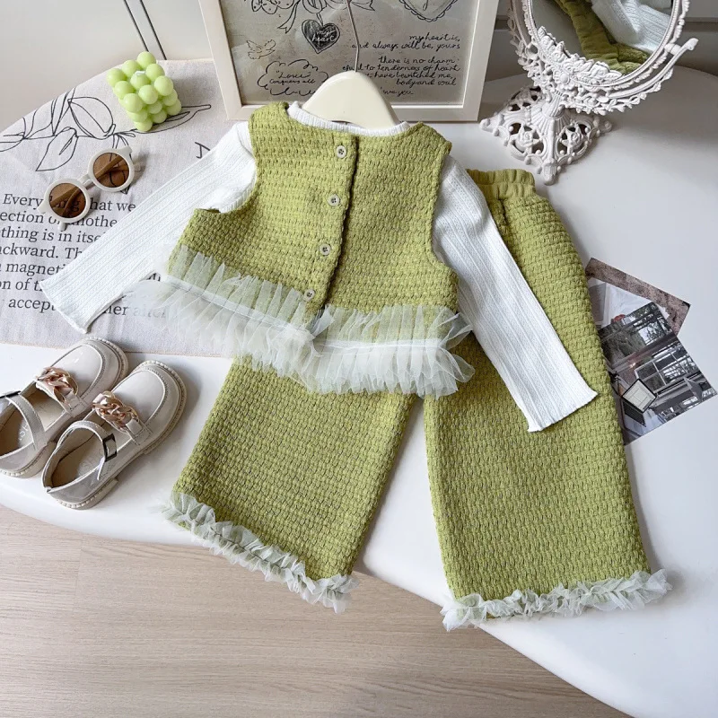 Children's Set New Autumn Girl Baby Sweet Stylish Mesh Edge Vest Casual Long Pants Refreshing Two-Piece Set