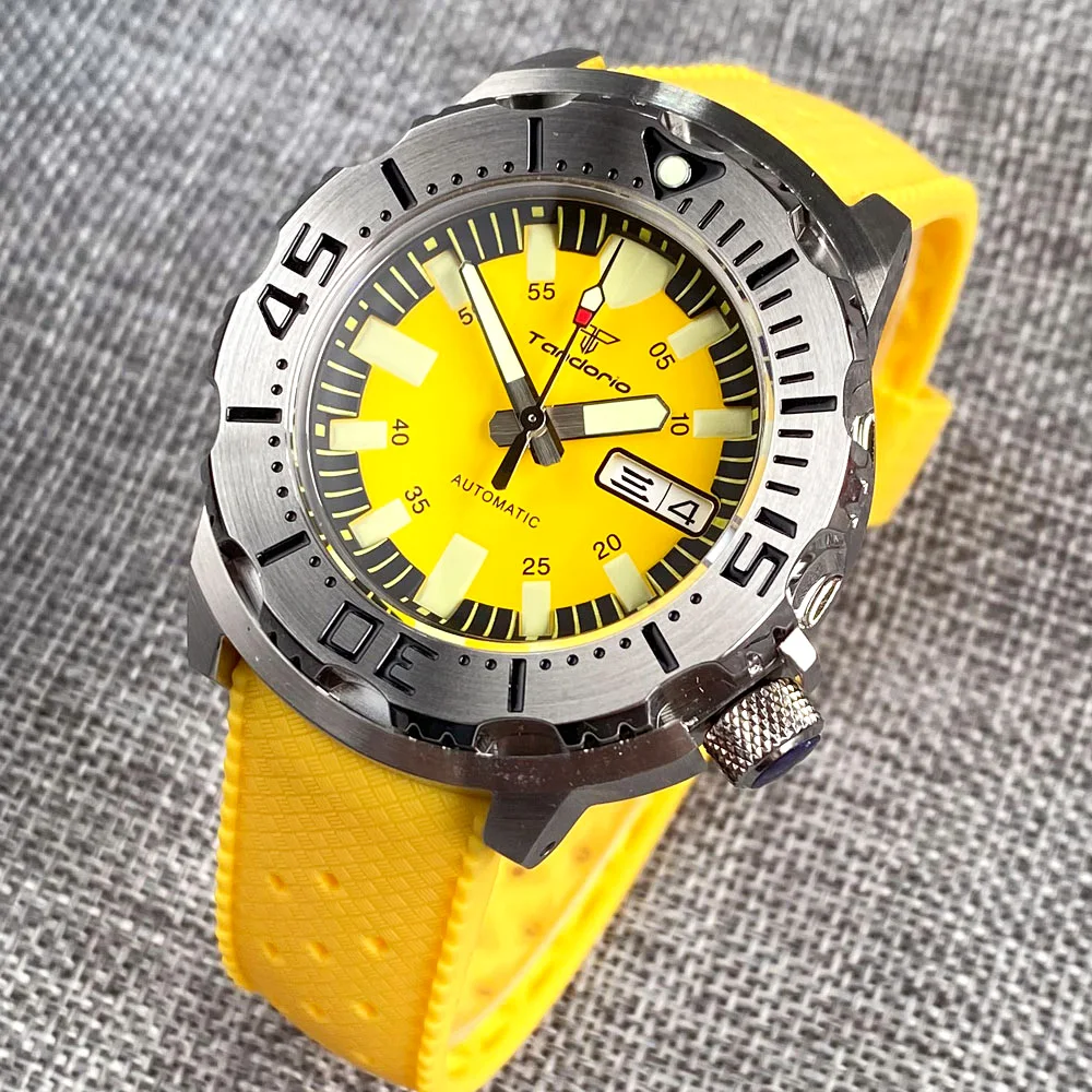 Tandorio Automatic Watch Men NH36 Movt knight Monster Steel Wristwatch Diver Yellow Red Dial Sapphrie Crystal 42mm Case