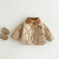 2024 Winter New in Kids Baby Boys Girls Thicken Plush Warm Cartoon Bear Patch Top Outwear, Children Padded Jacket 0-5Y