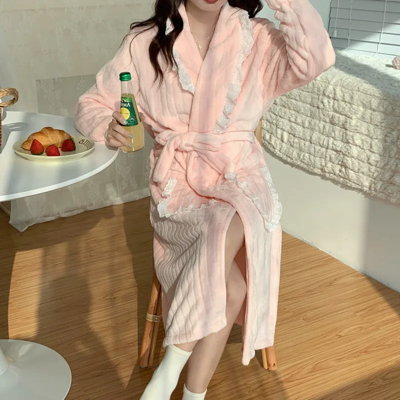 Pink Thick Bathrobe Female Warm Flannel Sleepwearruffle Trim Home Clothes with Belt Winter New Kimono Coral Velvet Nightwear