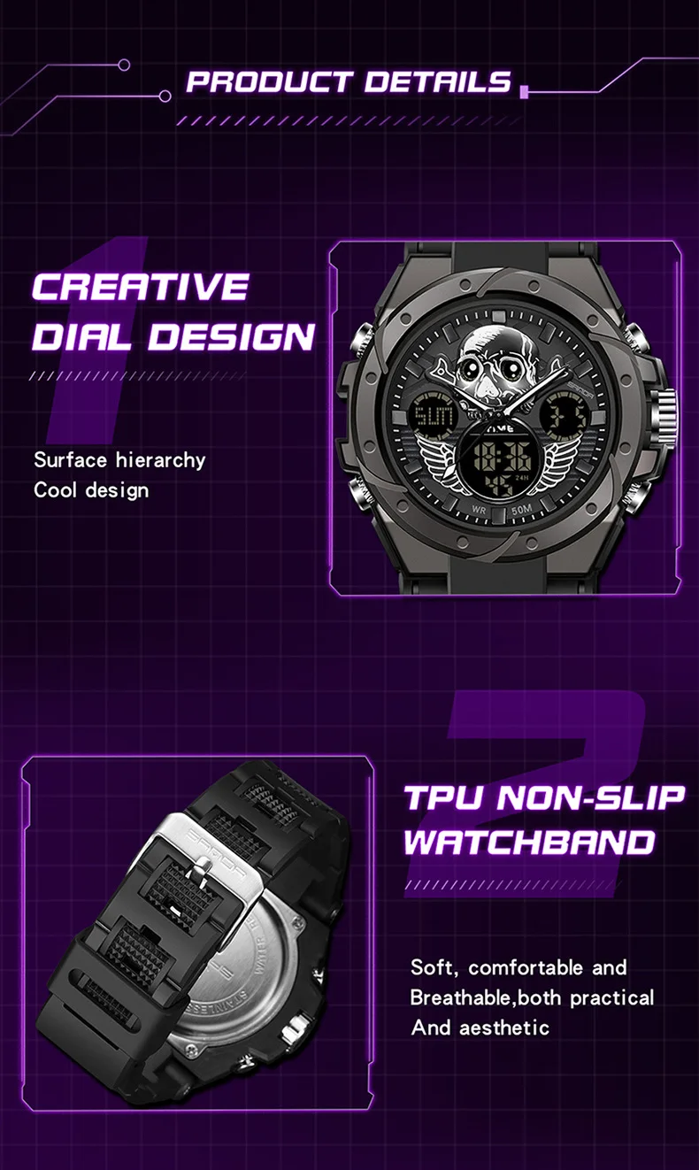 SANDA 6087 Fashion Skull Design Dial Quartz Digital Movement Soft TPU Strap Electronic Men Wrist Waterproof Sport Watch