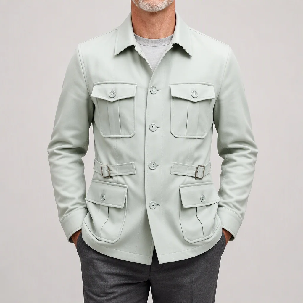 Men's Multi Pocket Safari Jacket Coat Lapel Collar Button Front Waist Strap Casual Outdoor Daily Office Travel Outerwear