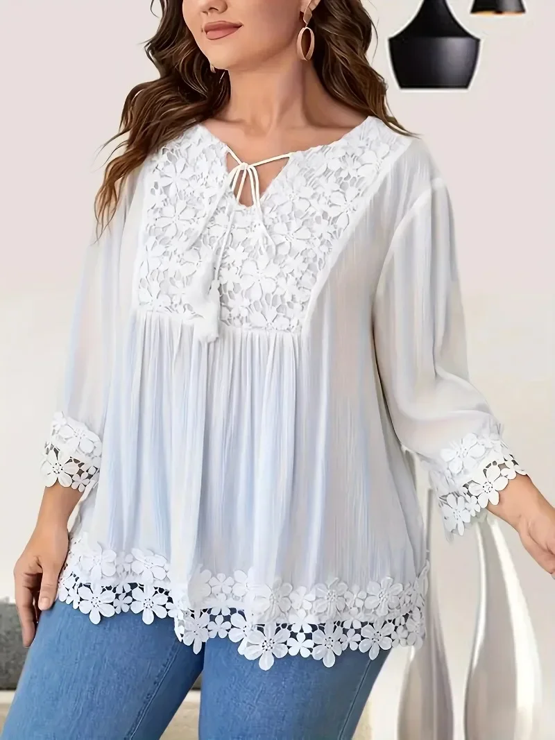 Plus Size 1XL-5XL Women\'s Casual Solid Color Shirt Ladies Fashion Lace Trim Spring summer Casual Blouse Top