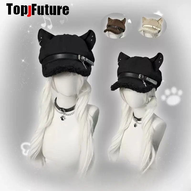 Original Wolf Puppy Ear Octagonal Beret Plaid Splicing Alt Punk Hat For Women Y2K Harajuku Gothic Grunge Kawaii Aesthetic Cap