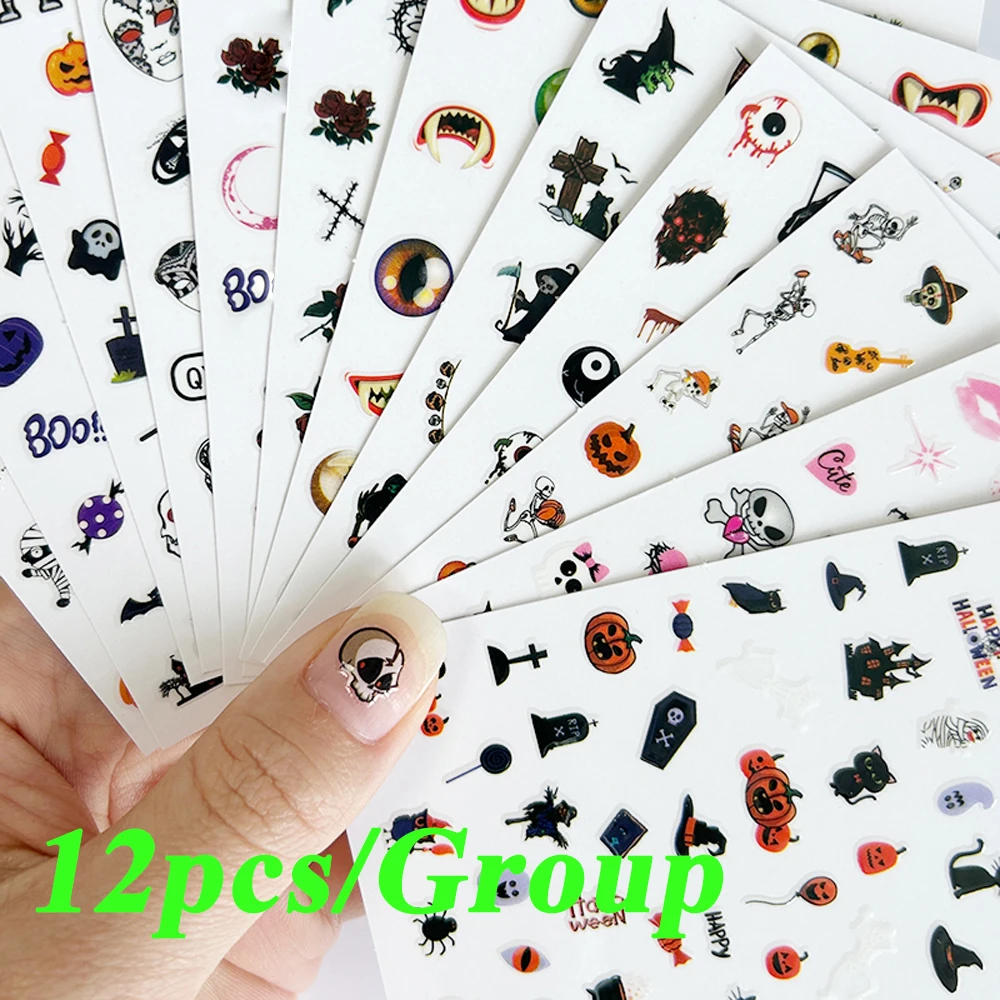 12pcs Nail Stickers Y2K Halloween Elements Cartoon Cute Pumpkin Lantern Ghost Black Cat Self Adhesive DIY Nail Stickers