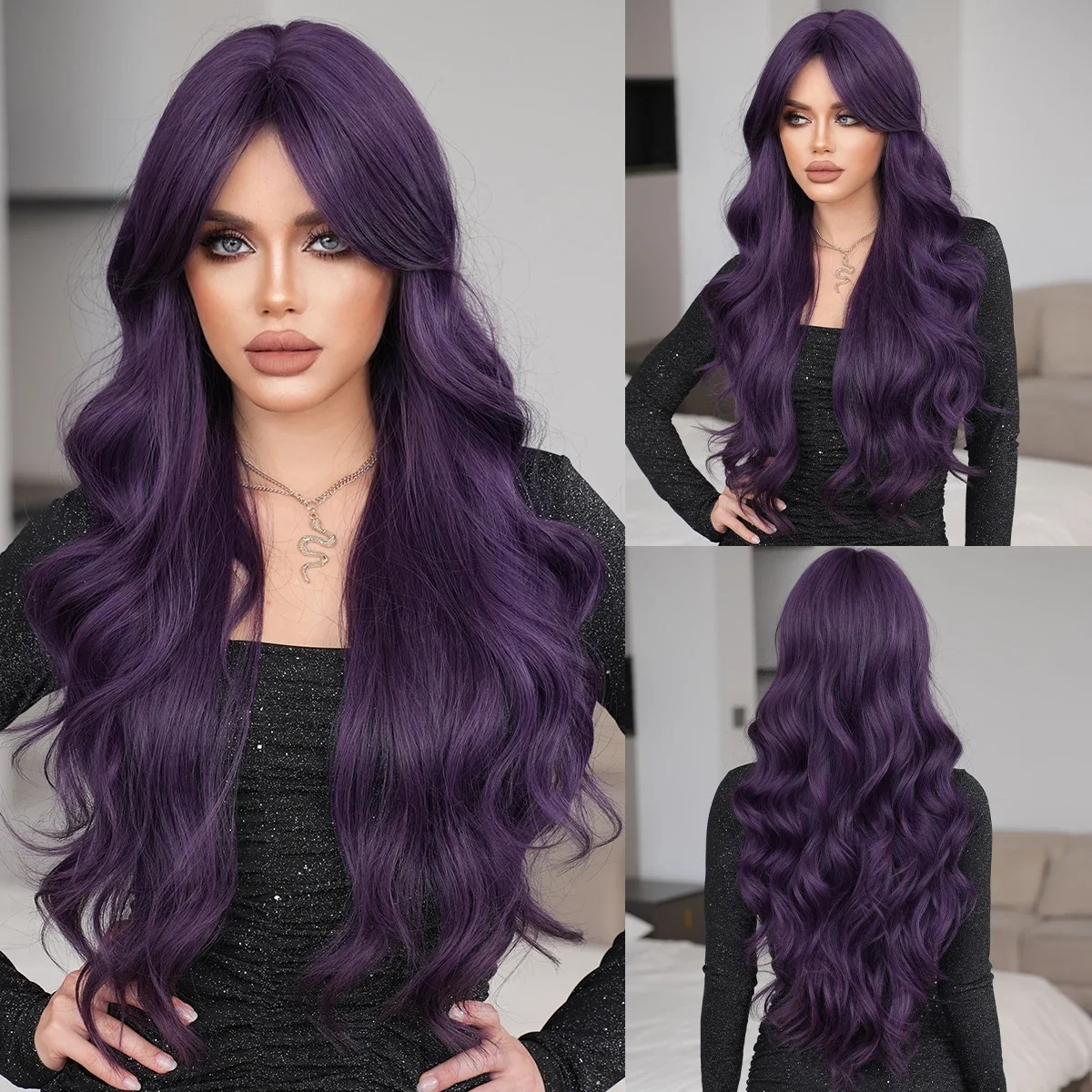 NAMM Costume Wig Synthetic Loose Water Wave Purple Wigs For Women Daily High Density Long Wavy Hair  Mid Split Wigs