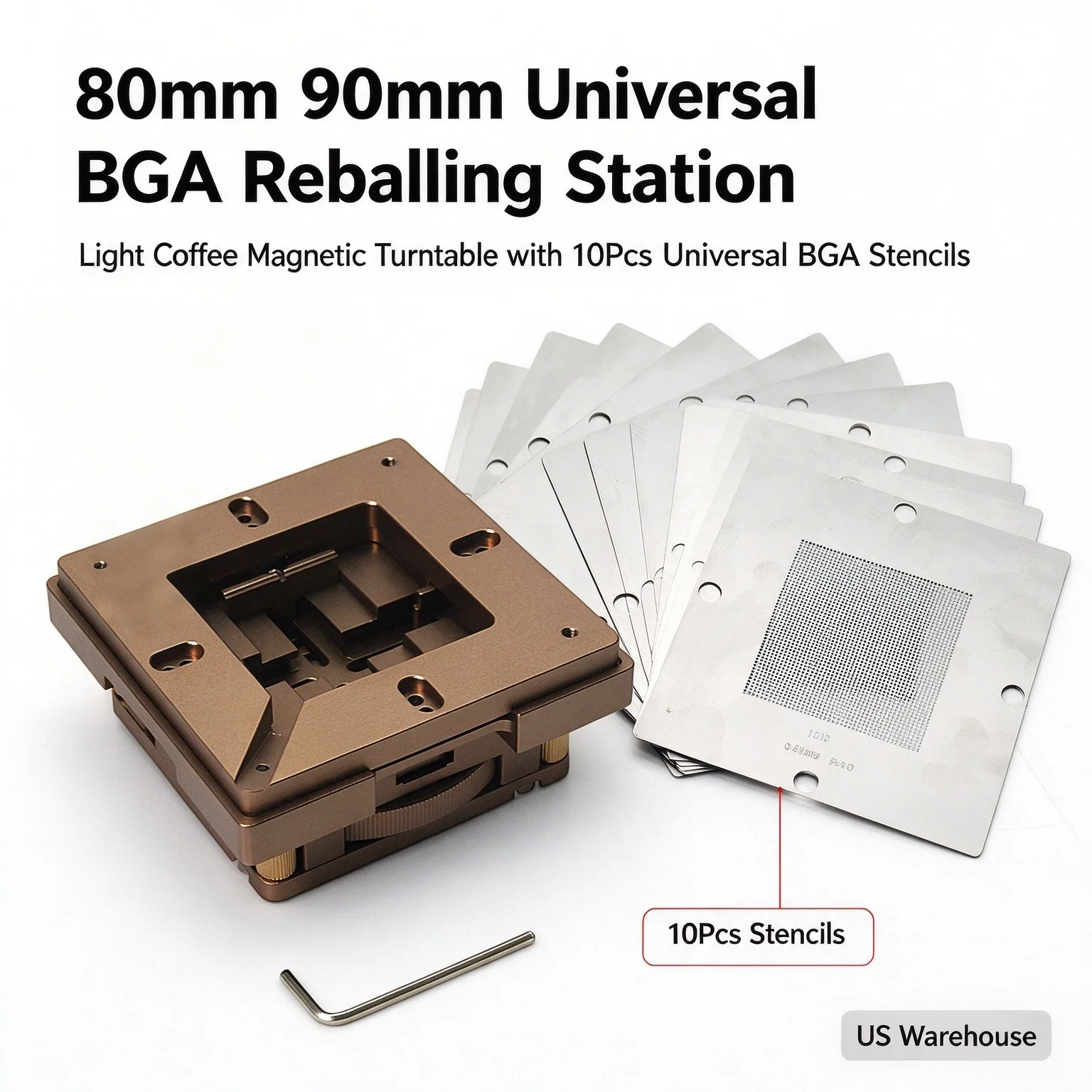 80mm 90mm Universal Light Coffee Magnetic Turntable BGA Reballing Station with 10Pcs Universal BGA Stencils US Warehouse
