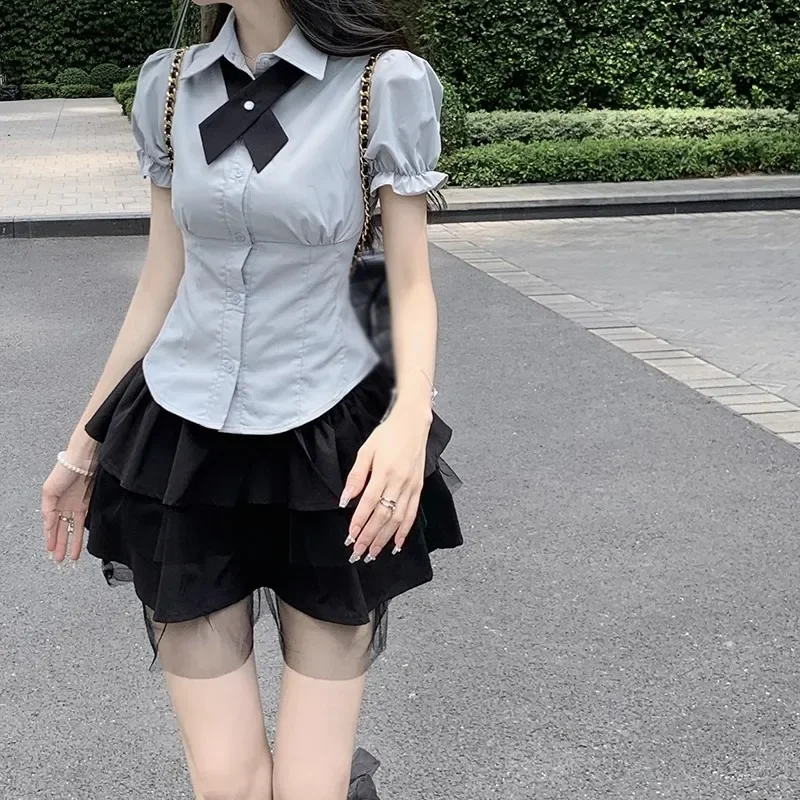 

Women's Summer Y2k Multi-Layered Mesh Cake Skirt High Waisted Mesh Lace Patchwork Lace Up JK Skirt Fluffy Cake Skirt Black