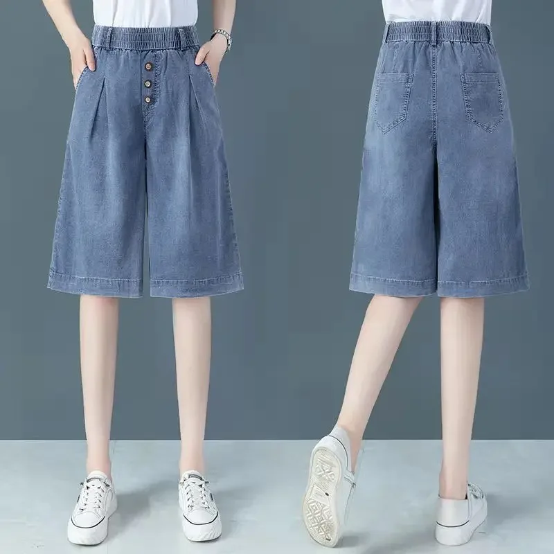 

Women's Summer Short High Waist Wide Leg Jeans Baggy Straight Five Points Trousers Streetwear Vintage Denim Short Pants