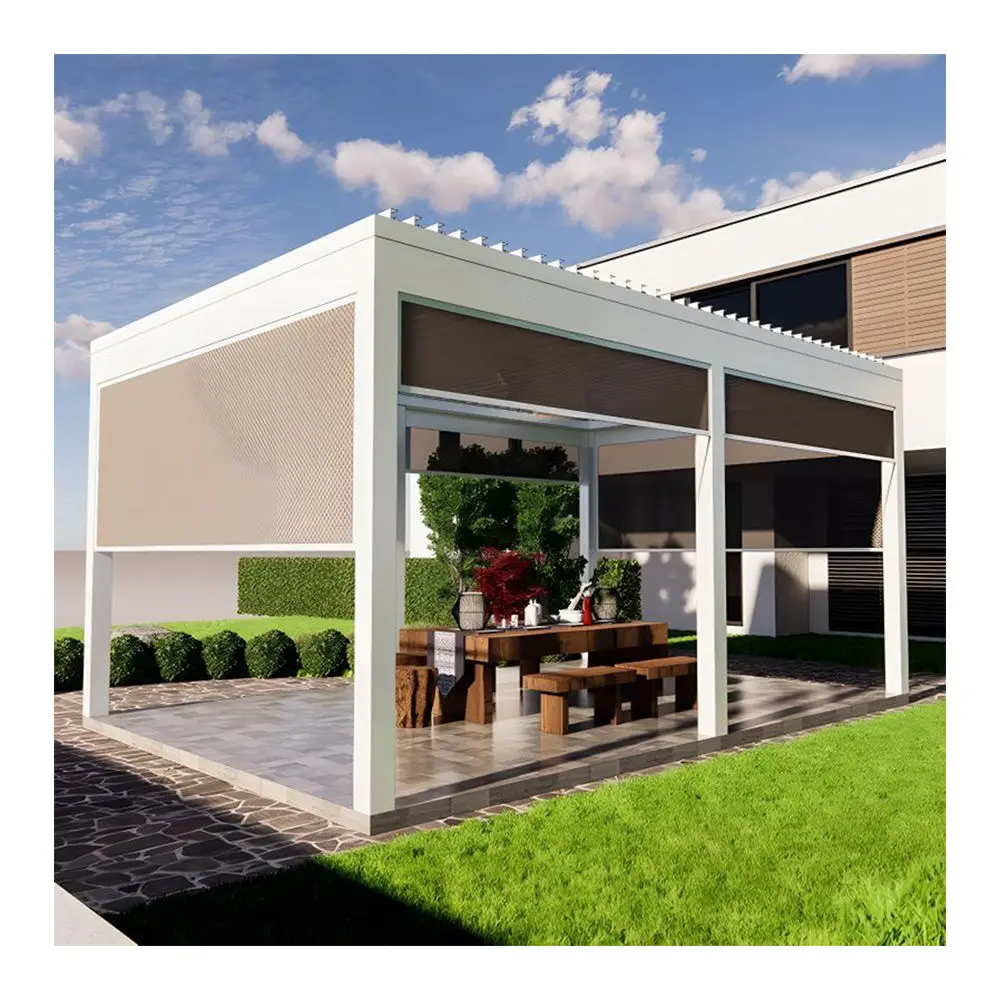 Modern Aluminum Pergola Gazebo Louvered Roof Outdoor Patio Canopy Heavy Duty Waterproof Sun Shade Shelter with Zip Screen Garden