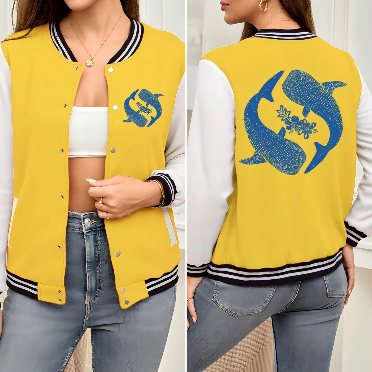 

Creative Whale Flower Print Women Baseball Uniform Pocket Cotton Jacket Oversized Autumn Clothing Colorful All-Match Top