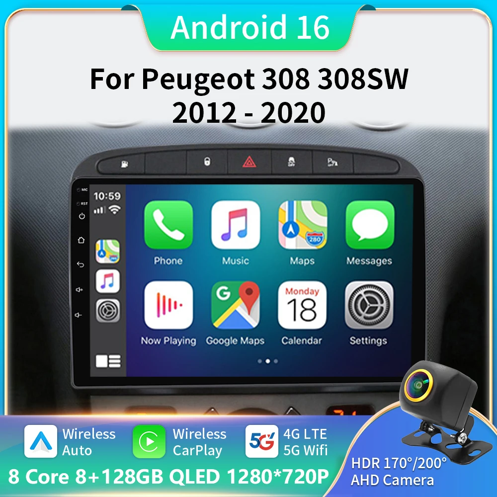 

9 Inch 2 Din Android 16 Car Radio Multimedia Video Player For 2010 - 2016 PEUGEOT 308 408 autoradio Carplay 5G gps BT DVD