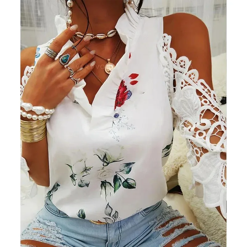 Fashion Summer Elegant Women Blouse Hollow Out Printed Sexy V-Neck Short Sleeve Lace Shirts Female Strapless Blouses Tops 19361