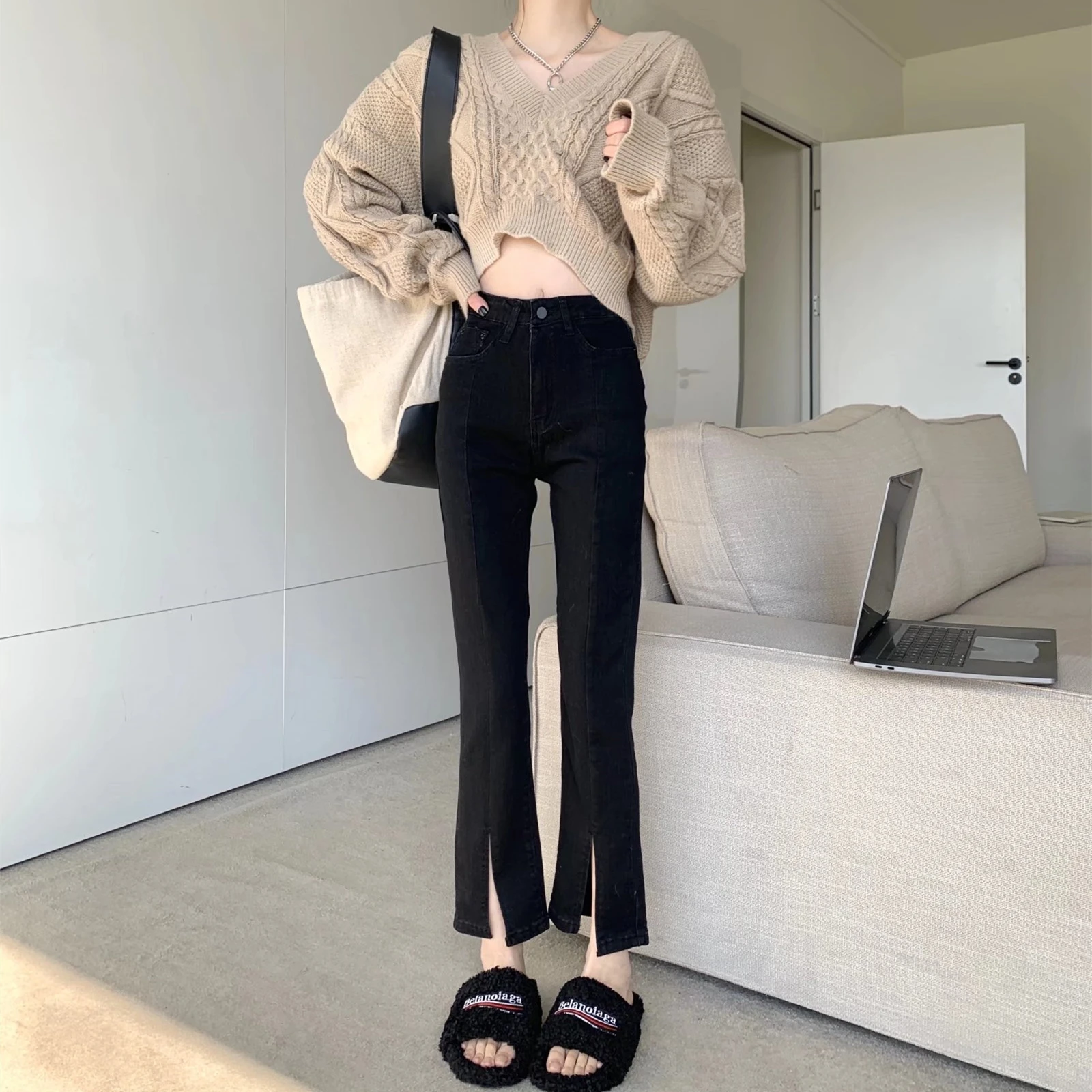 

Женские джинсы с высокой талией, прямые, из денима, весна-осень, новые, эластичные, в корейском стиле, укороченные, с разрезами, размер S-L