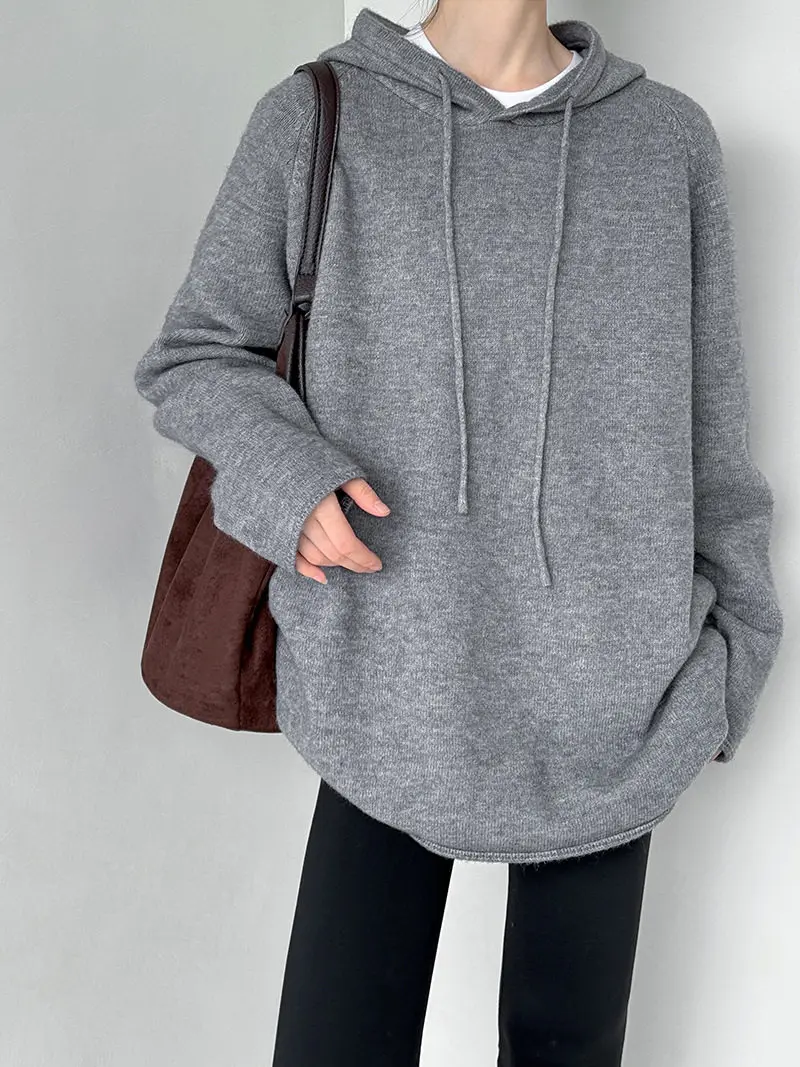 Gray hooded curling sweater lazy high-grade sense long butt-covered sweater women's high-grade non-collision blouse