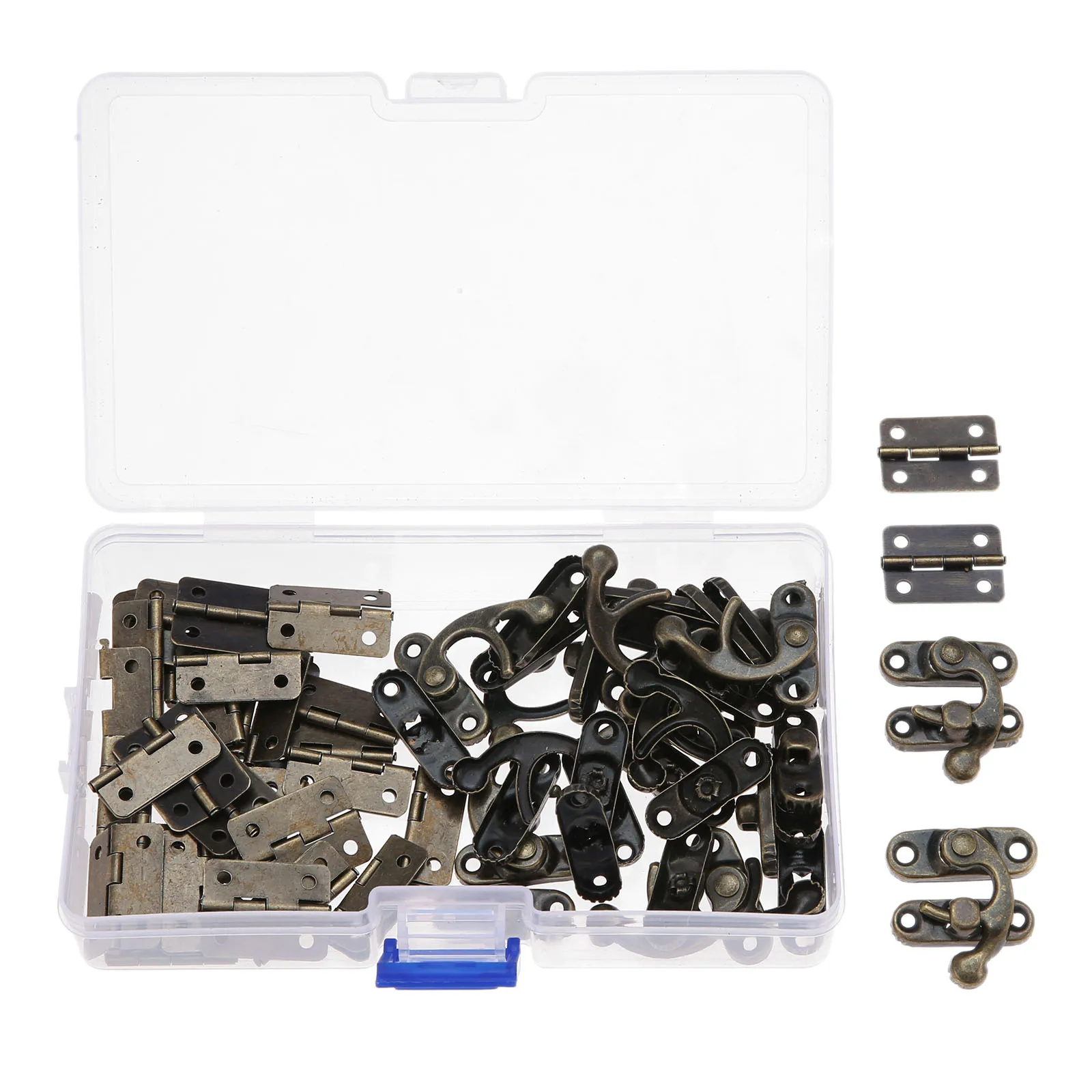 50pcs Small Box Hinge + 24 Set Antique Right Latch Hook Hasp Wood Jewelry Box Hasp Catch Decoration +296Pcs Screws + Storage Box