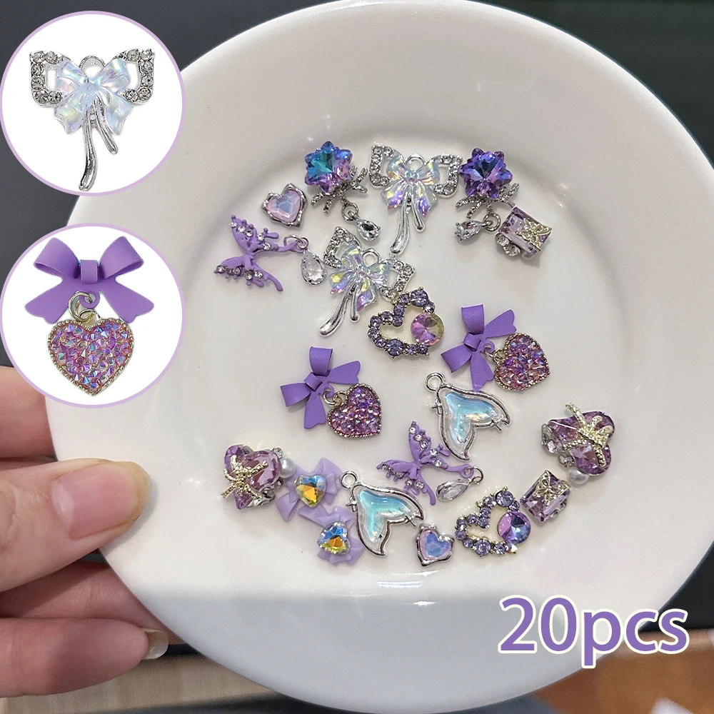 

20Pcs Purple Crystal Love Heart Bow Nail Charms Aurora Mermaid Tail/Bow Pendant Nail Art Decorations Alloy Flat Back Nail Gems Y