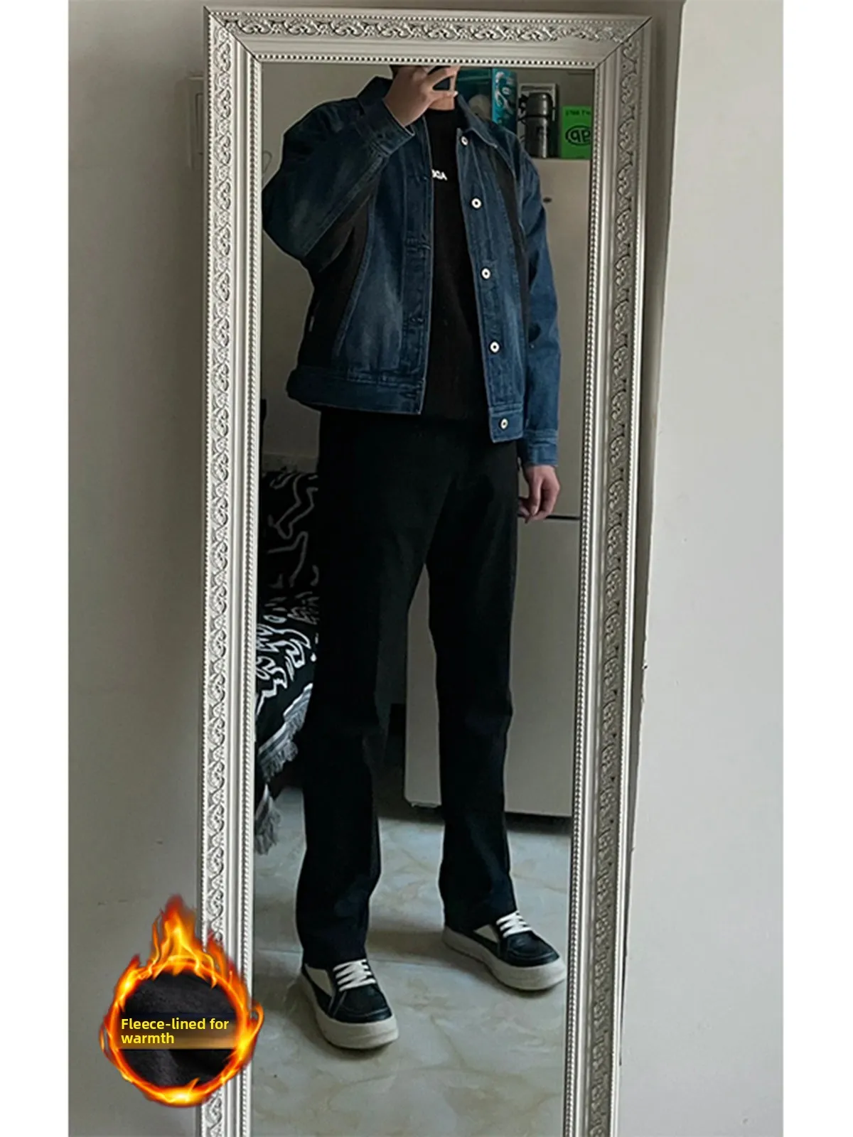 

Trendy American Vibe Men's Winter Fce Lined Straight Leg Jeans High Street Lengthening Slim Fit Jeans Youth ular Jeans