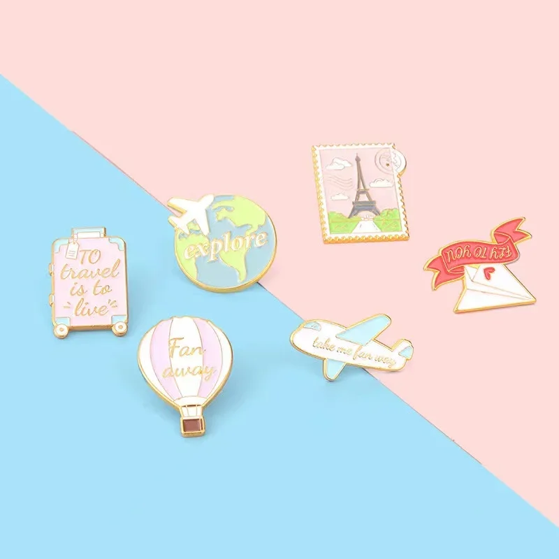 Custom Sweet Travel Enamel Pins Plane Postcard Hot Air Balloon Suitcase Brooches Backpack Lapel Badges Jewelry Gift for Friends