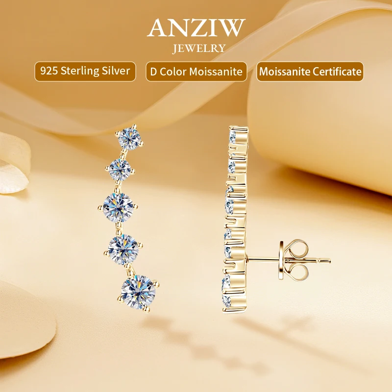 

Anziw 4.5mm&4mm&3mm All Moissanite Earrings Climber for Women Men 925 Silver Stud Earrings Fashion 2025 Jewelry with Certificate