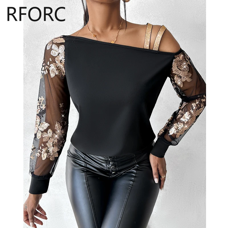 2024 Women Mesh Patchwork Sequins Decoration One Shoulder Off Black Blouse Tops