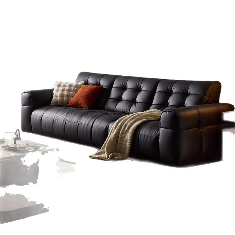 Sofa light luxury Italian big black bear straight row three people living room black first layer cowhide
