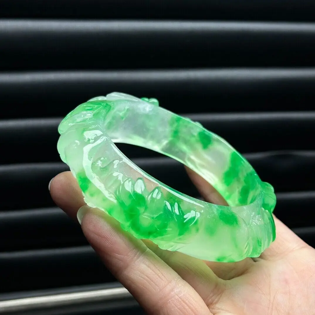 Certified natural ice Burmese Green Jade jadeite engrave bracelets bangle 60MM