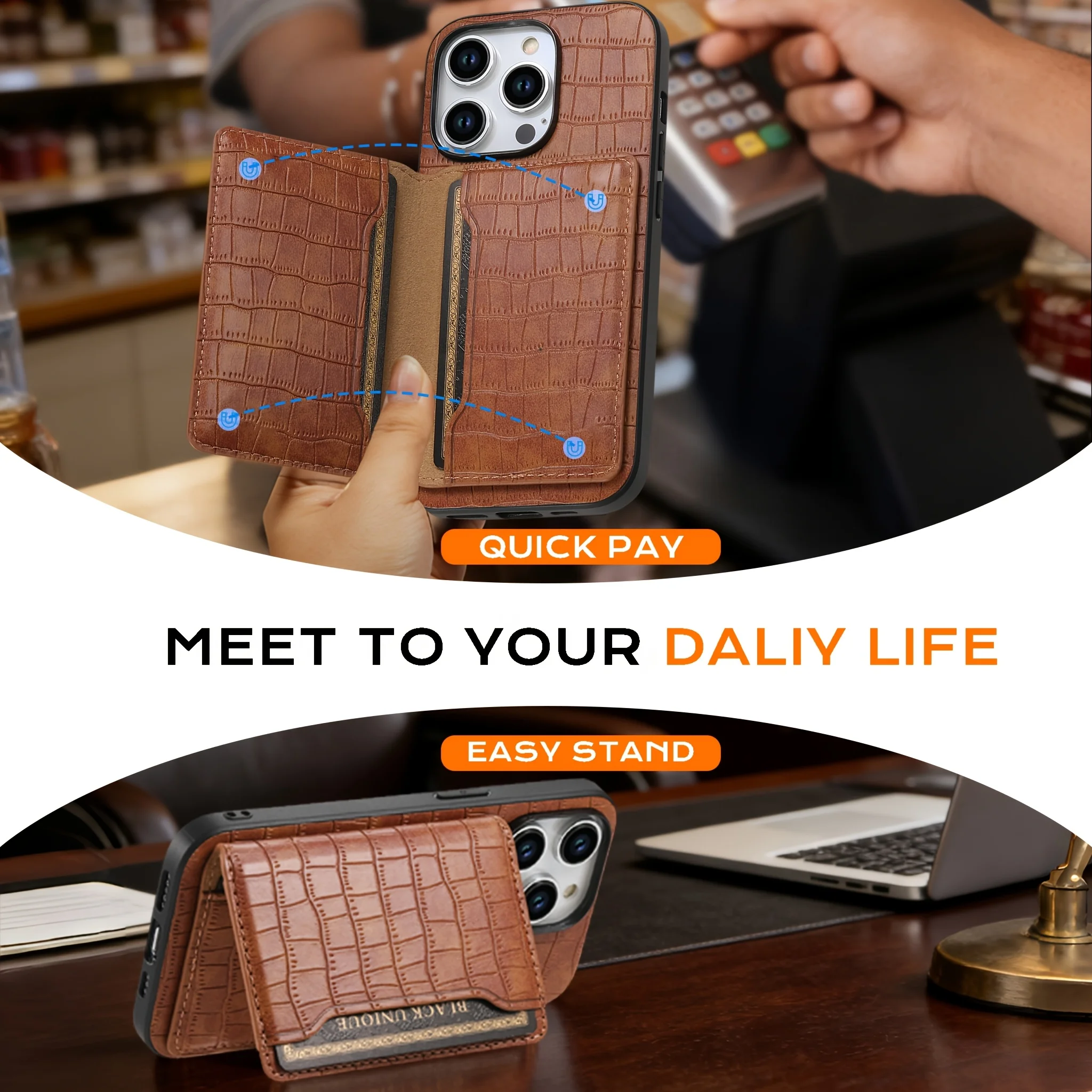 Phone Case-Luxury Crocodile Pattern PU Leather Phone Case with Card Holder Kickstand Flip Wallet Cover for Iphone17ProMax Series