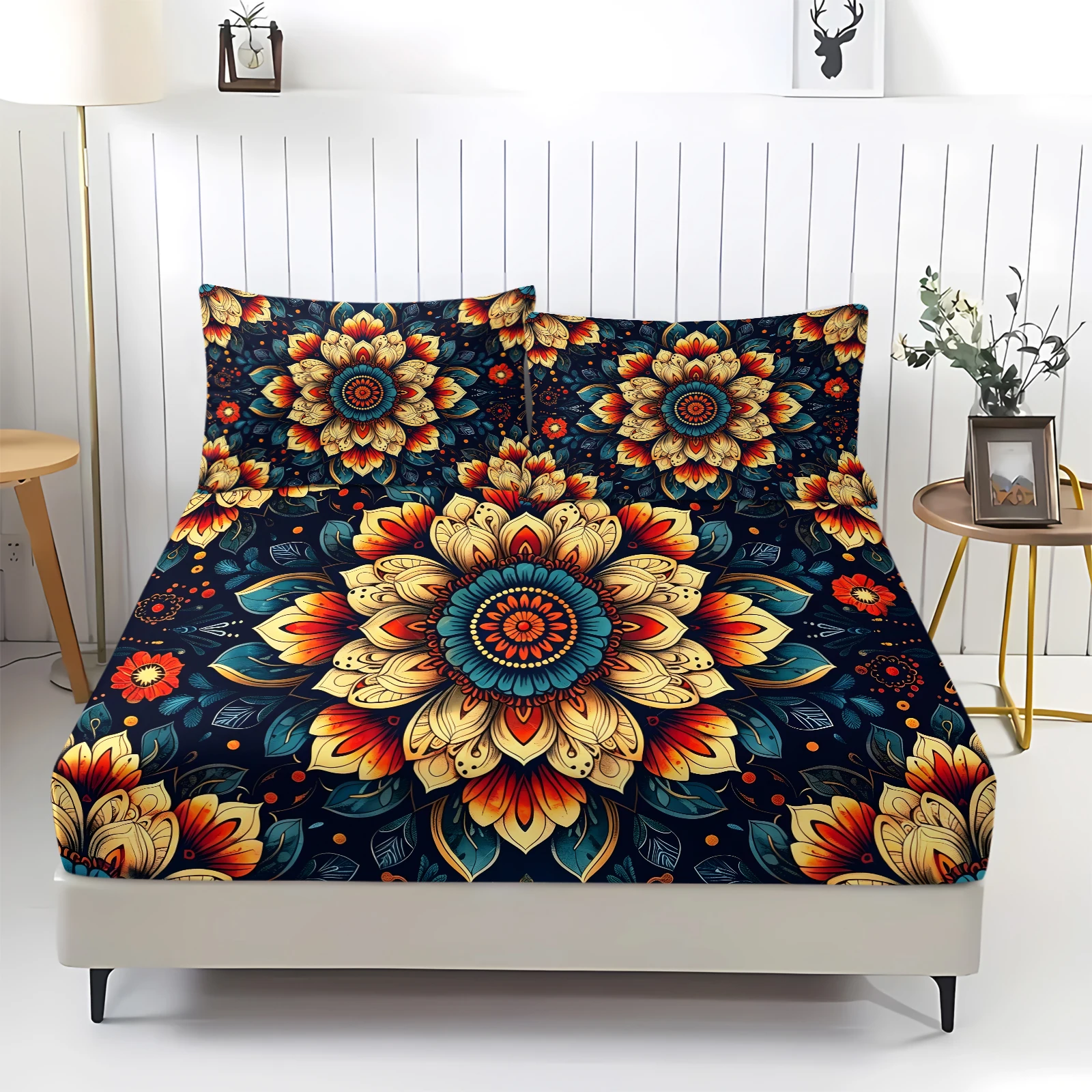 Vintage Mandala Flower Printed Fitted Bed Sheet Set Soft Breathable Elastic Mattress Protector Anti-Wrinkle Washable Boho Floral