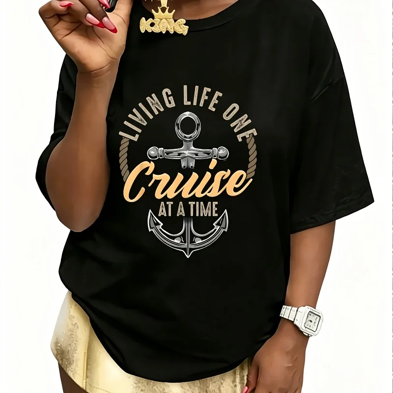 Living Life One Cruise at a Time Funny Cruising Ship Cute Women's 100% Cotton T-Shirt Short Sleeve Top Casual Round Neck Fun Print Tee S-5Xl