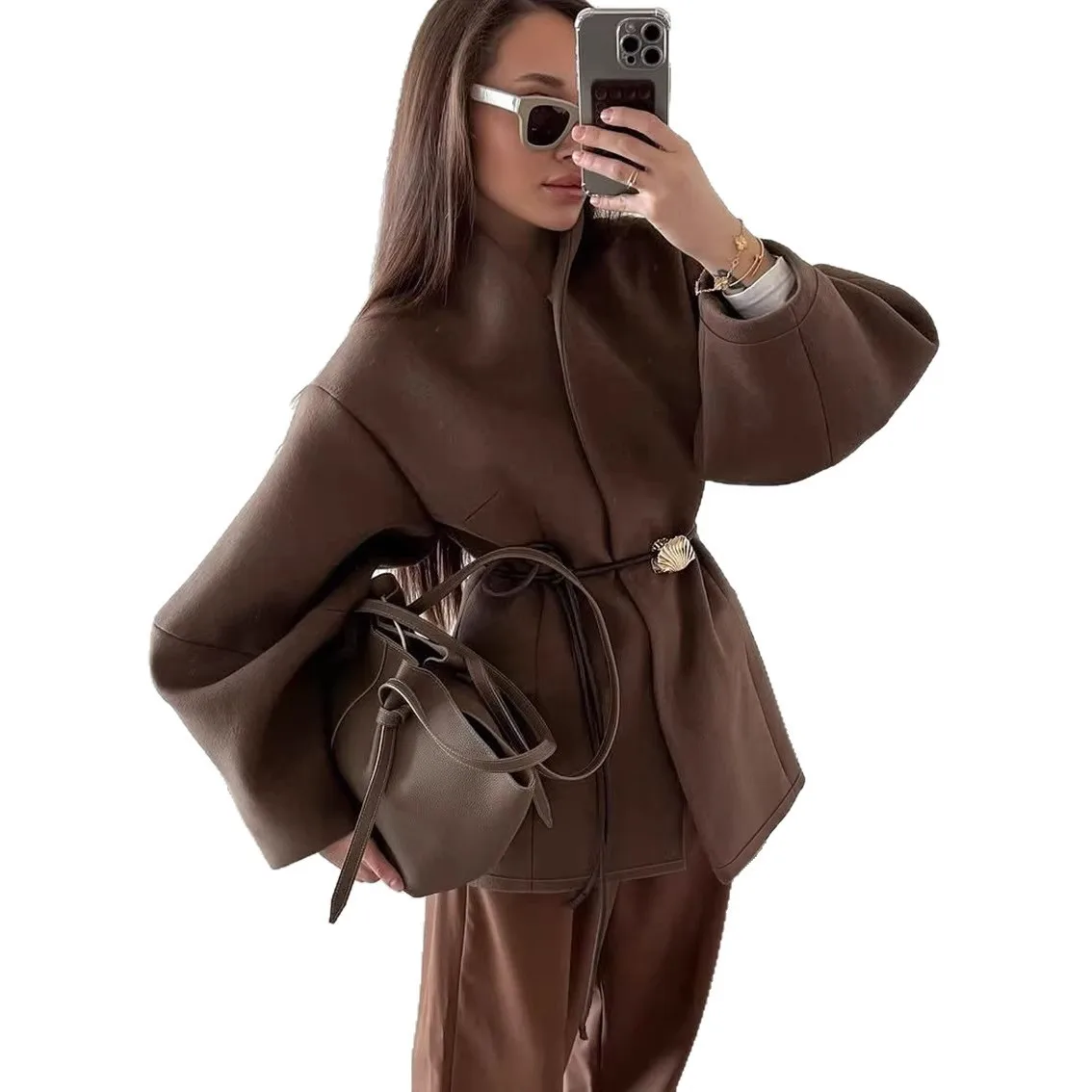 V Neck Long Sleeve Coat a Line Casual Japanese Korean Style with Wrinkle Treatment Regular Sleeve Pocket Detail Women Coat
