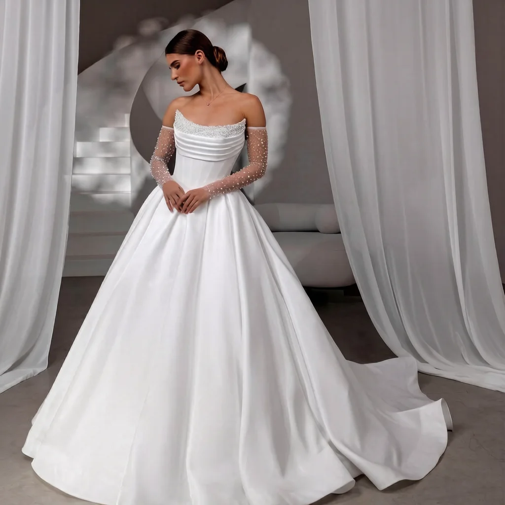 Fashion Strapless A-Line Bridal Gown Back Corset Wedding Dress Customized Satin Bridal Dress For Wedding vestidos mujer