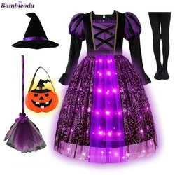 Sparkly Witch Halloween Costumes for Girls Led Light up Purple Long Dress for Kids Carnival Cosplay Outfit with Broom Hat