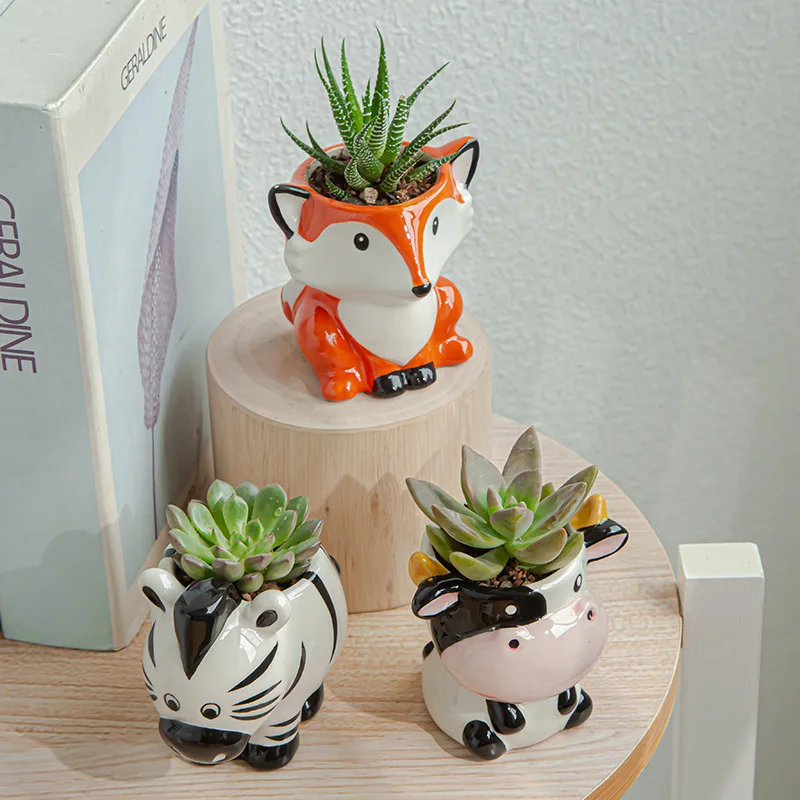 1PC Simple and Cute Cartoon Animal Ceramic Cartoon Flowerpot Succulent Flowerpot Creative Home Gardening Potted Plant
