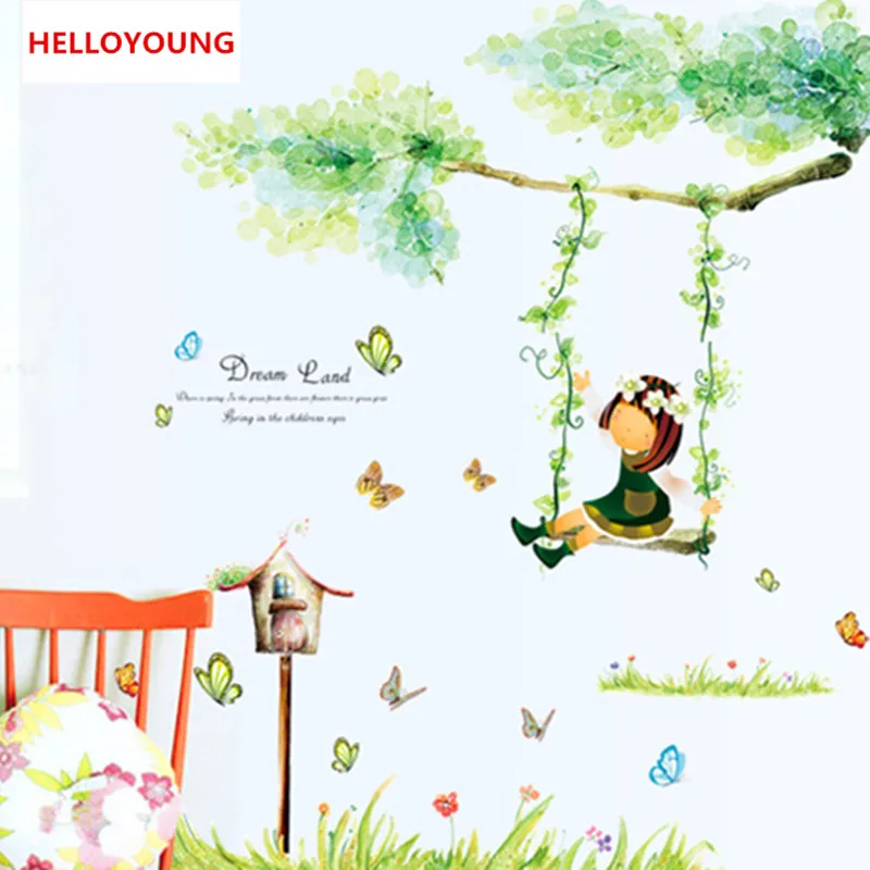 QT-0037 DIY Wall Sticker Soup Swing Of The Lttle Girl Wallpapers Art Mural Waterproof Bedroom Wall Stickers Home Decor Backdrop