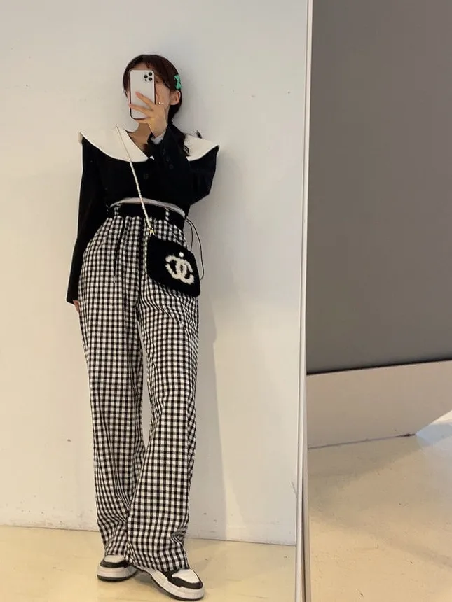 Retro High Waist Plaid Wide Leg Pants Women's Chic Loose Versatile Youthful Casual Trousers Korean Sle Autumn Season