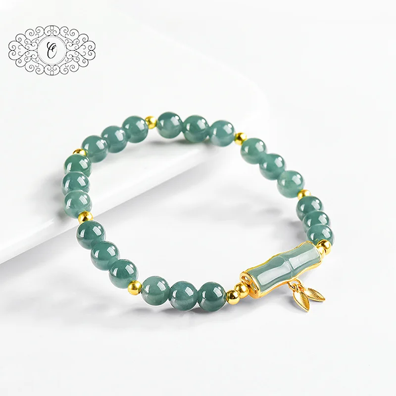 

Natural Blue Water Jadeite "Bamboo Success" Bracelet, Gold-Plated Bamboo Leaf Charm for Career Growth & Elegant Style