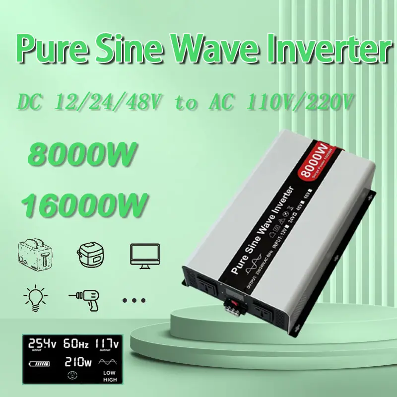 

Высококачественный инвертор мощности PSW с чистой синусоидальной волной постоянного тока 24 В/48 В в переменный ток 110 В/220 В, 8000 Вт, пиковая мощность 16000 Вт с пультом дистанционного управления с ЖК-дисплеем
