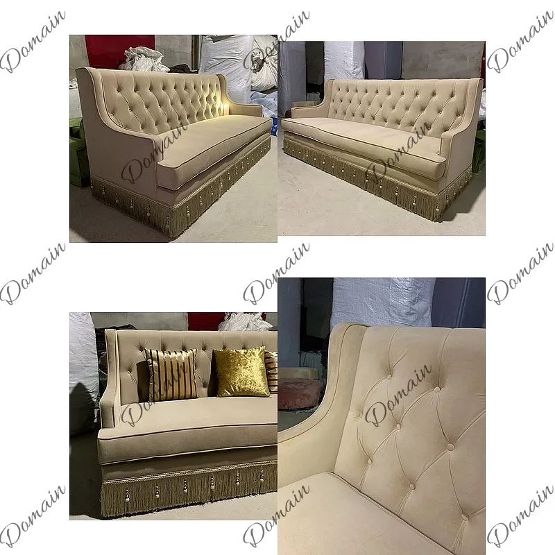 Vintage velvet designer zip-up sofa, beige camel tassel, French vintage furniture, three-seater