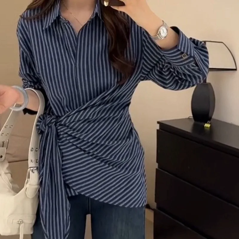 

Long Sleeve Blue Striped Shirt Women 2025 Early Autumn New Lapel Neck Blusas Mujer Y2k Fashion Slim Waist Lace Up Blouses