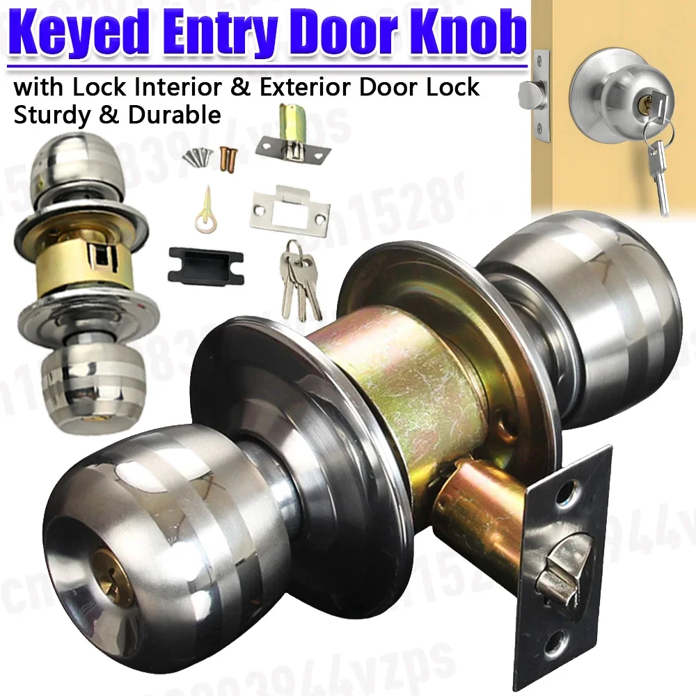 Keyed Entry Door Knob Lock Set Interior Exterior Round Door Knobs Stainless Steel Door Handle Lock for Bedroom Bathroom With Key