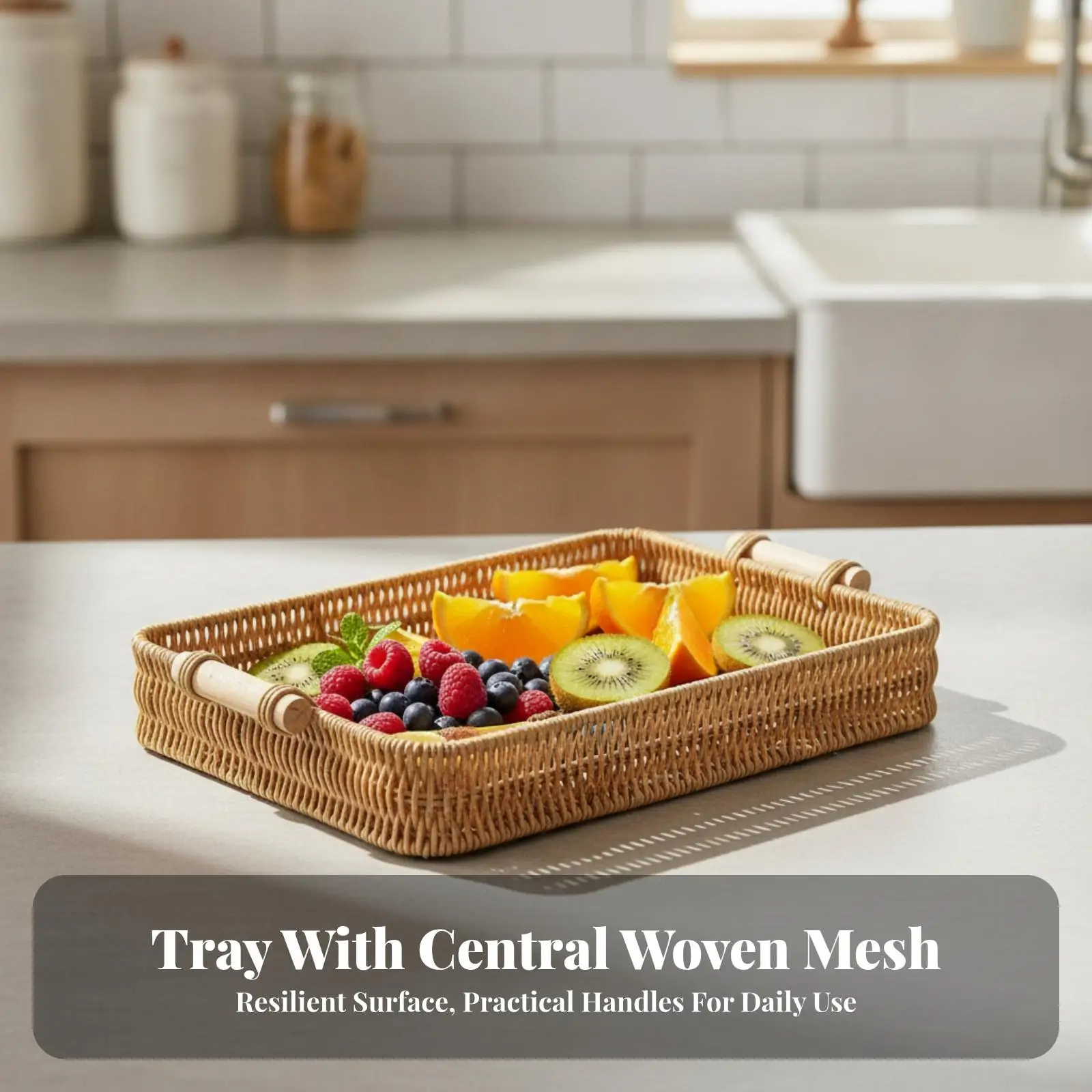 Woven Storage Serving Tray with Side Handles Rectangular Wooden Tray for Table Center Organizer Decorative Basket for Living