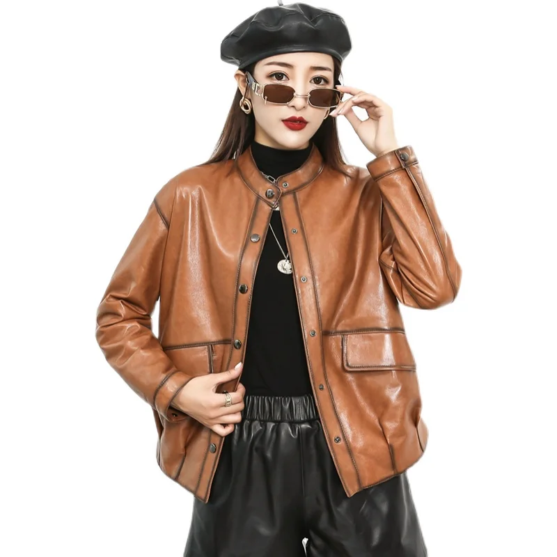 Women's Leather Jacket Coat, Short Plant Tanned Snowflake Sheepskin, Motorcycle Baseball Suit, Loose, Spring, Autumn